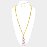 Faux Leather Tassel Faceted Bead Long Necklace