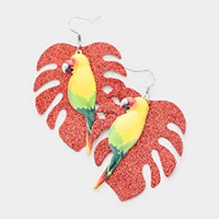 Glitter Tropical Leaf Parrot Earrings 