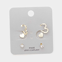 3Pairs - Brass Metal Heart and Rhinestone Stud Earrings 