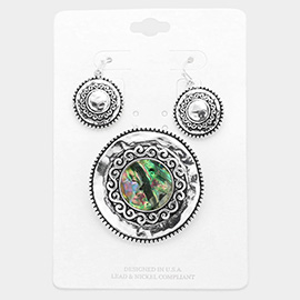 Embossed Metal Abalone Round Magnetic Pendant Set