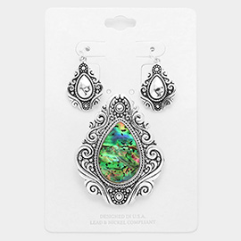 Embossed Metal Abalone Antique Magnetic Pendant Set