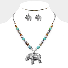 Burnished Metal Elephant Pendant Beaded Necklace