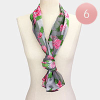 6PCS - Silk Feel Striped Flower Pattern Print Satin Scarves