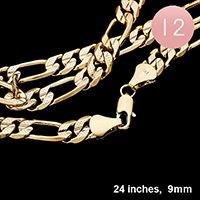12PCS - 24 INCH, 9mm Gold Plated Concave Textured Figaro Chain Necklaces