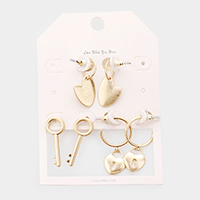 3Pairs - Metal Heart Key Lock Dangle Earrings