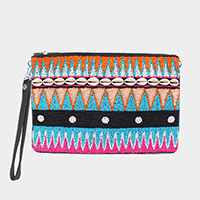Puka Shell Point Sequin Seed Beaded Wristlet Clutch Bag