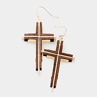 Wood Metal Cross Dangle Earrings