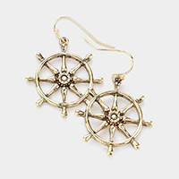 Antique Metal Ship Wheel Dangle Earrings