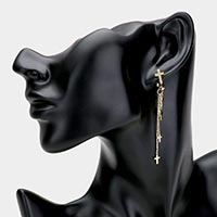 Brass Metal Cross Chain Drop Earrings