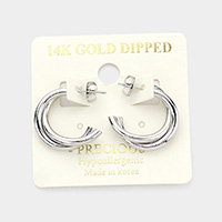 14K White Gold Dipped Double Layered Metal Half Hoop Earrings