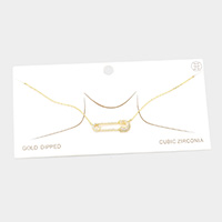 Gold Dipped CZ Safety Pin Pendant Necklace