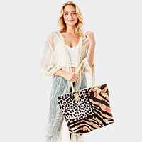 Zebra Leopard Pattern Print Beach Tote Bag
