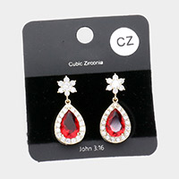 CZ Flower Accented Teardrop Dangle Evening Earrings