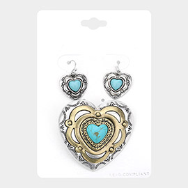 Natural Stone Accented Western Style Heart Pendant Set