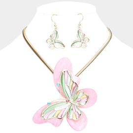 Celluloid Acetate Colored Metal Butterfly Pendant Necklace
