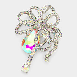 Glass crystal teardrop accented bow brooch / pendant