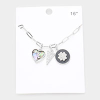 Rhinestone Embellished Abalone Heart Triangle Quatrefoil Pendant Necklace