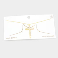 Gold Dipped CZ Embellished Metal Cross Pendant Necklace