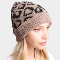 Leopard Patterned Soft Knit Beanie Hat
