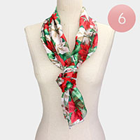 6PCS - Silk Feel Satin Striped Poinsettia Pattern Print Scarves