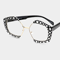 Bling Stone Embellished Clear Lens Angled Sunglasses