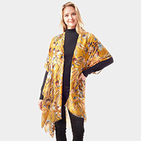Floral Printed Gold Foil Accented Ruana Poncho