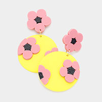 Flower Accented Round Polymer Clay Dangle Earrings
