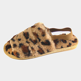 Leopard Patterned Fuzzy Faux Fur Elastic Slingback Strap Indoor Slide Slippers