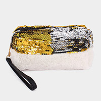 Reversible Sequin Soft Fur Wristlet Pouch Bag