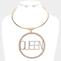 QUEEN Rhinestone Embellished Message Open Circle Pendant Necklace