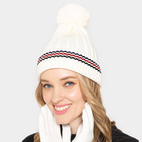 Stripe Pointed Faux Fur Pom Pom Knit Beanie Hat