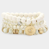 4PCS - North Star Accented Round Charm Wood Faceted Beaded Stretch Bracelets