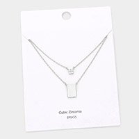 CZ Embellished Square Brass Metal Rectangle Pendant Double Layered Necklace