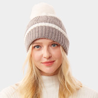 Colorful Lurex Accented Two Tone Knit Pom Pom Beanie Hat