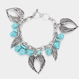 Turquoise Antique Metal Angel Wing Charm Station Toggle Bracelet