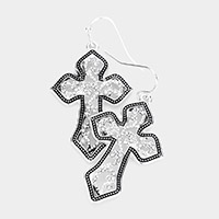 Rhinestone Embellished Metal Cross Dangle Earrings