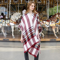 Reversible Plaid Check Patterned Poncho