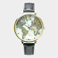 Map Printed Round Dial Faux Leather Band Watch