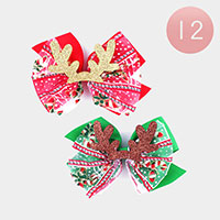 12PCS - Glittered Rudolph Antlers Accented Christmas Bow Snap Hair Clips