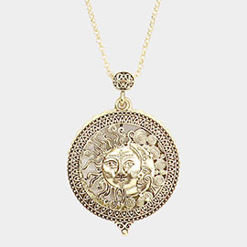 Antique Metal Sun Crescent Moon Pendant Magnifying Glass Long Necklace