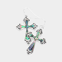 Abalone Accented Antique Metal Cross Dangle Earrings