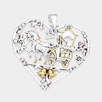 Metal Carriage Christmas Jingle Bell Accented Heart Pendant