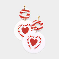 Heart Candy Cane Accented Round Polymer Clay Dangle Earrings