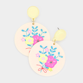 Flower Printed Resin Round Dangle Earrings