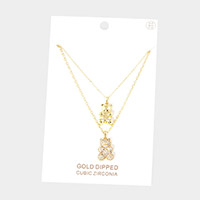 Gold Dipped CZ Embellished Metal Bear Pendant Double Layered Necklace