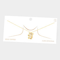 Gold Dipped CZ Embellished Metal Bear Pendant Necklace