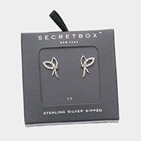 Secret Box _ Sterling Silver Dipped CZ Embellished Metal Bow Stud Earrings
