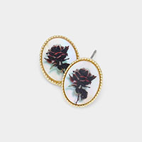 Rose Flower Printed Oval Mother of Pearl Stud Earrings
