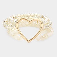 Open Metal Heart Accented Multi Layered Faceted Beaded Stretch Bracelet