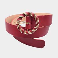 Twisted Open Metal Circle Faux Leather Buckle Accented Belt